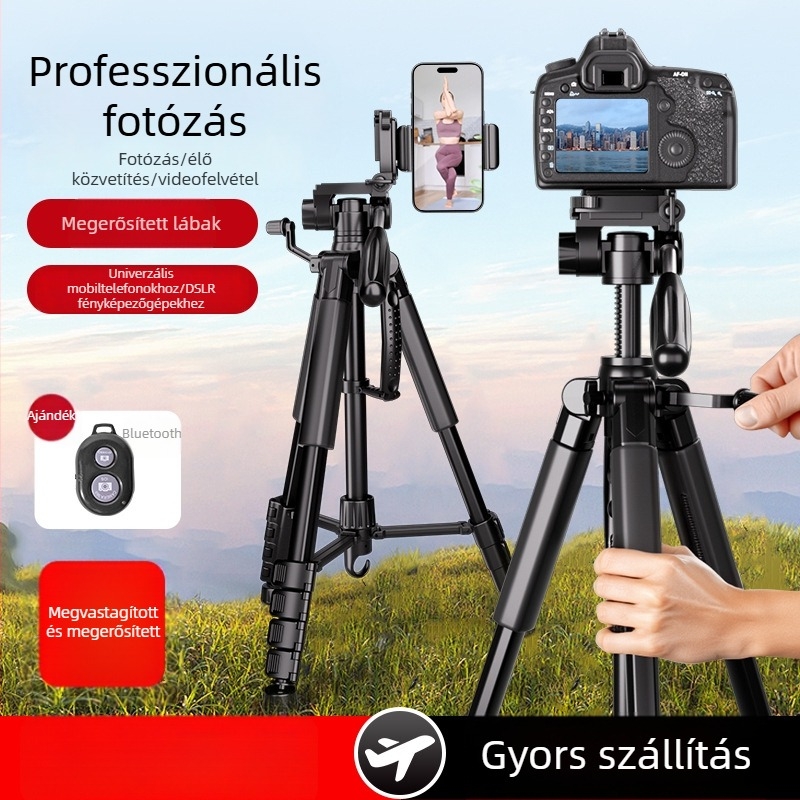 Kamera tripod 3-tengelyes fejjel, hordozható okostelefonos élő közvetítéshez, kompatibilis Canon és Sony