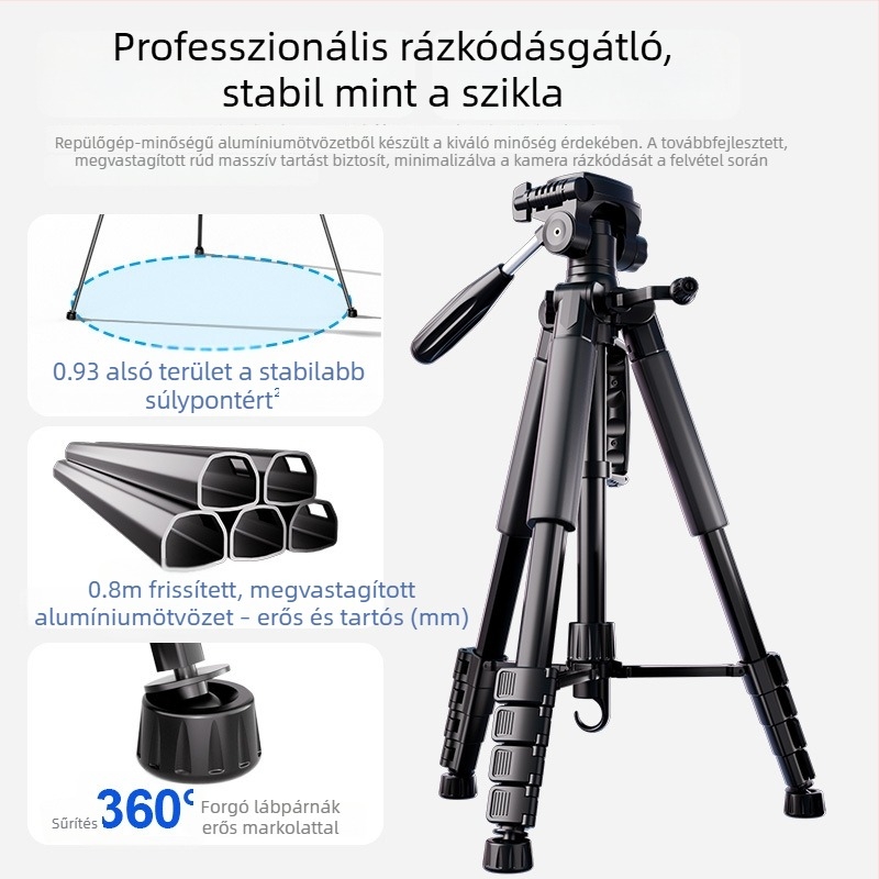 Kamera tripod 3-tengelyes fejjel, hordozható okostelefonos élő közvetítéshez, kompatibilis Canon és Sony