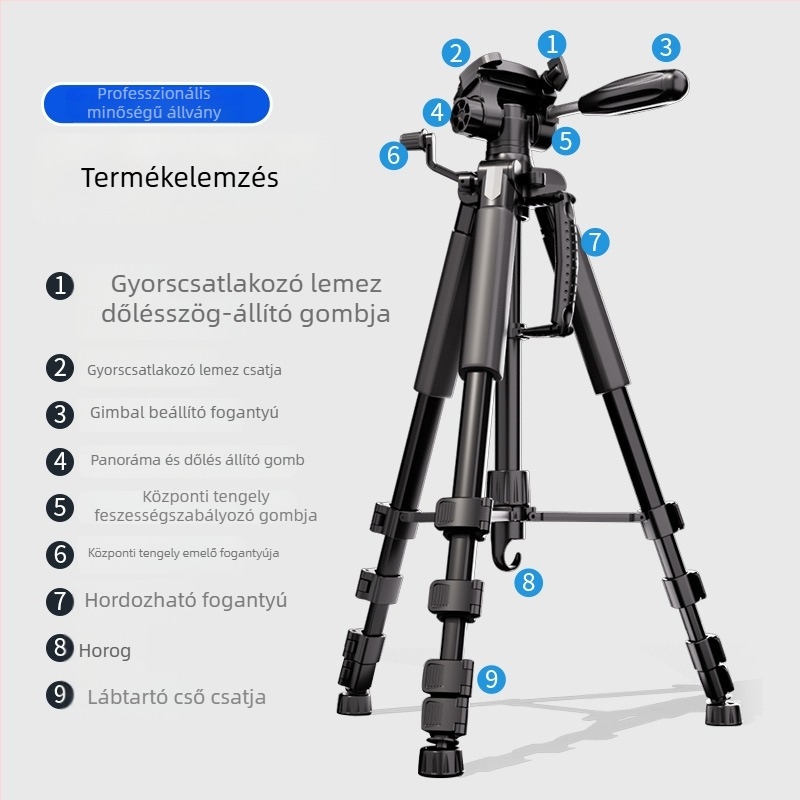 Kamera tripod 3-tengelyes fejjel, hordozható okostelefonos élő közvetítéshez, kompatibilis Canon és Sony