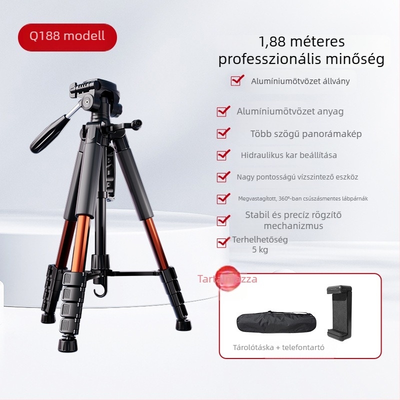 Kamera tripod 3-tengelyes fejjel, hordozható okostelefonos élő közvetítéshez, kompatibilis Canon és Sony