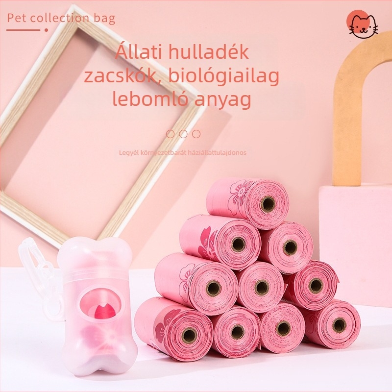 Biodegradábilis kutyapiszok zacskók, tekercsben, PE+EPI anyagú, vastagított, hordozható készlet
