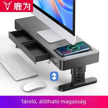 Fém állítható monitortartó asztali tárolóval és USB vezeték nélküli töltéssel