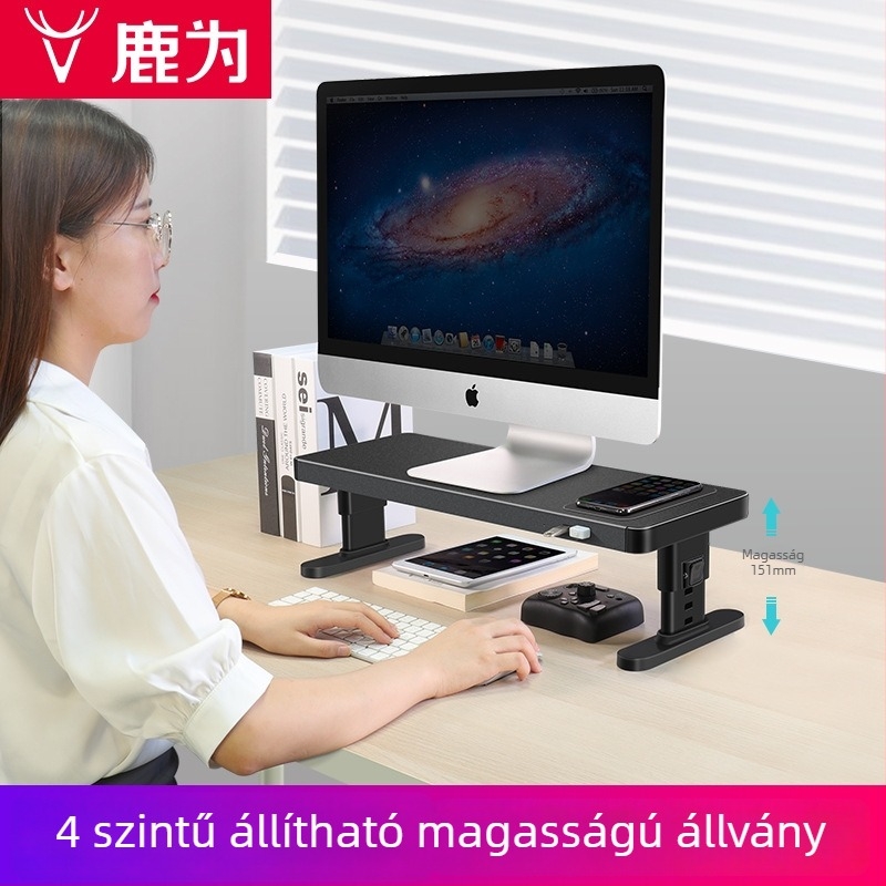 Fém állítható monitortartó asztali tárolóval és USB vezeték nélküli töltéssel