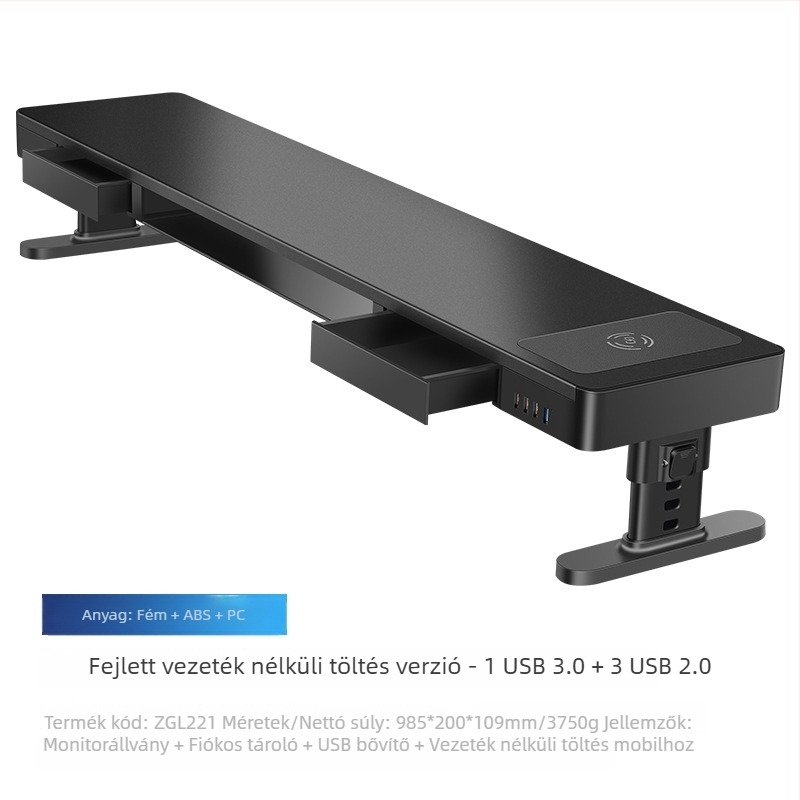 Fém állítható monitortartó asztali tárolóval és USB vezeték nélküli töltéssel