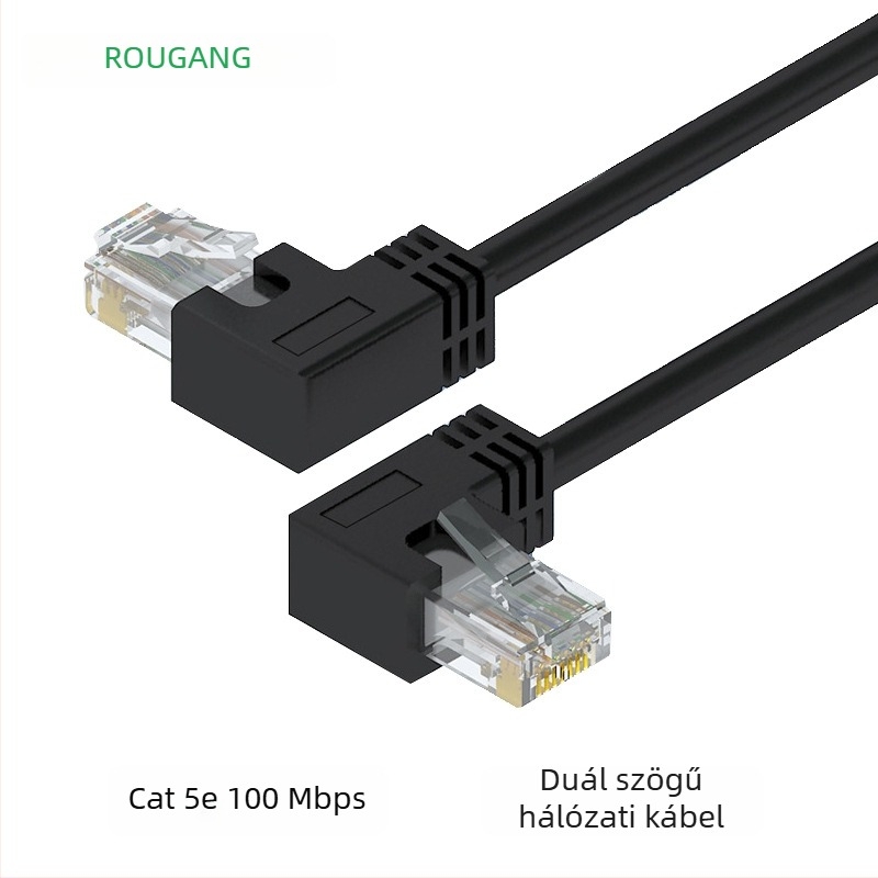 Category 5e hálózati twisted-pair kábel 90°-os hajlított RJ-45 csatlakozóval, oxigéntől mentes réz, beltéri használatra, 100 Mbps