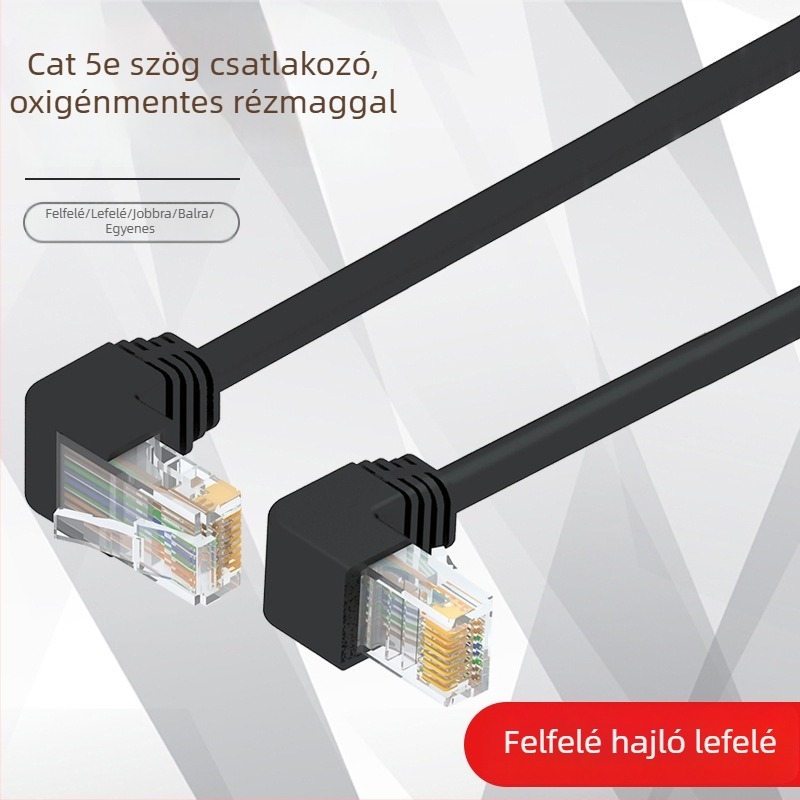 Category 5e hálózati twisted-pair kábel 90°-os hajlított RJ-45 csatlakozóval, oxigéntől mentes réz, beltéri használatra, 100 Mbps