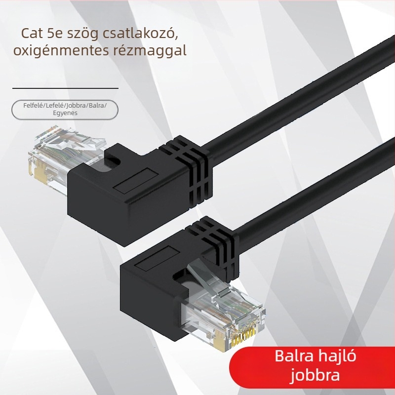 Category 5e hálózati twisted-pair kábel 90°-os hajlított RJ-45 csatlakozóval, oxigéntől mentes réz, beltéri használatra, 100 Mbps