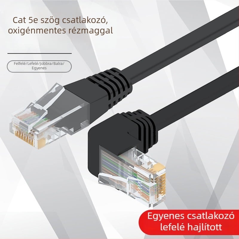 Category 5e hálózati twisted-pair kábel 90°-os hajlított RJ-45 csatlakozóval, oxigéntől mentes réz, beltéri használatra, 100 Mbps