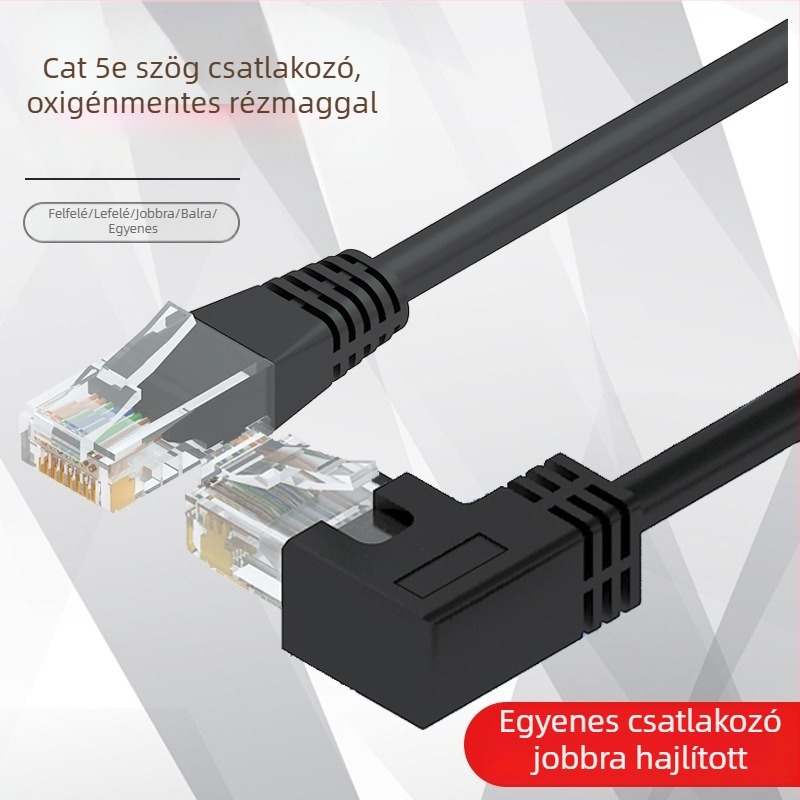 Category 5e hálózati twisted-pair kábel 90°-os hajlított RJ-45 csatlakozóval, oxigéntől mentes réz, beltéri használatra, 100 Mbps