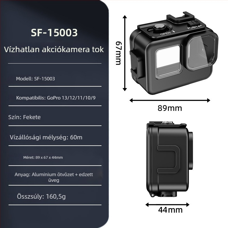 Domineering Sf15003 vízálló védőtok GoPro 9–13-hoz, alumíniumötvözet + edzett üveg