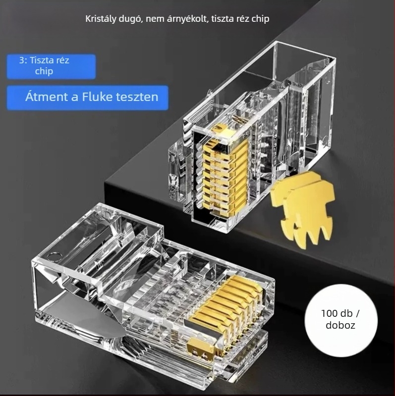 RJ45 csatlakozó 8-vezetékes, tiszta réz, aranyozott érintkezők, Cat5e/Cat6 kompatibilis, nagy sebességű átvitellel