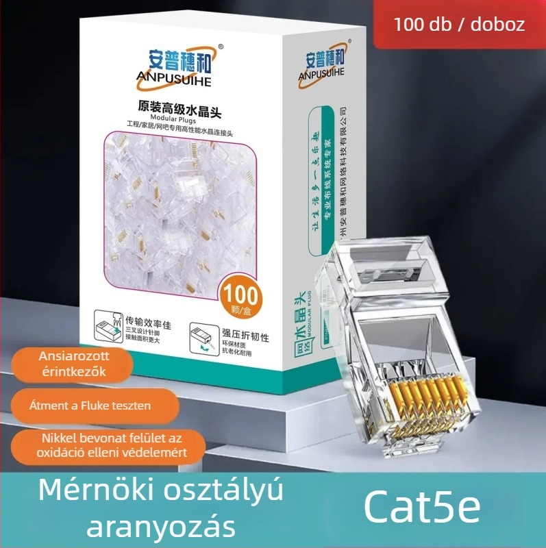 RJ45 csatlakozó 8-vezetékes, tiszta réz, aranyozott érintkezők, Cat5e/Cat6 kompatibilis, nagy sebességű átvitellel