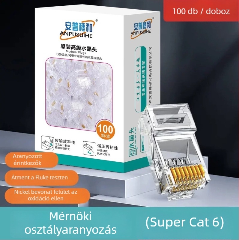 RJ45 csatlakozó 8-vezetékes, tiszta réz, aranyozott érintkezők, Cat5e/Cat6 kompatibilis, nagy sebességű átvitellel