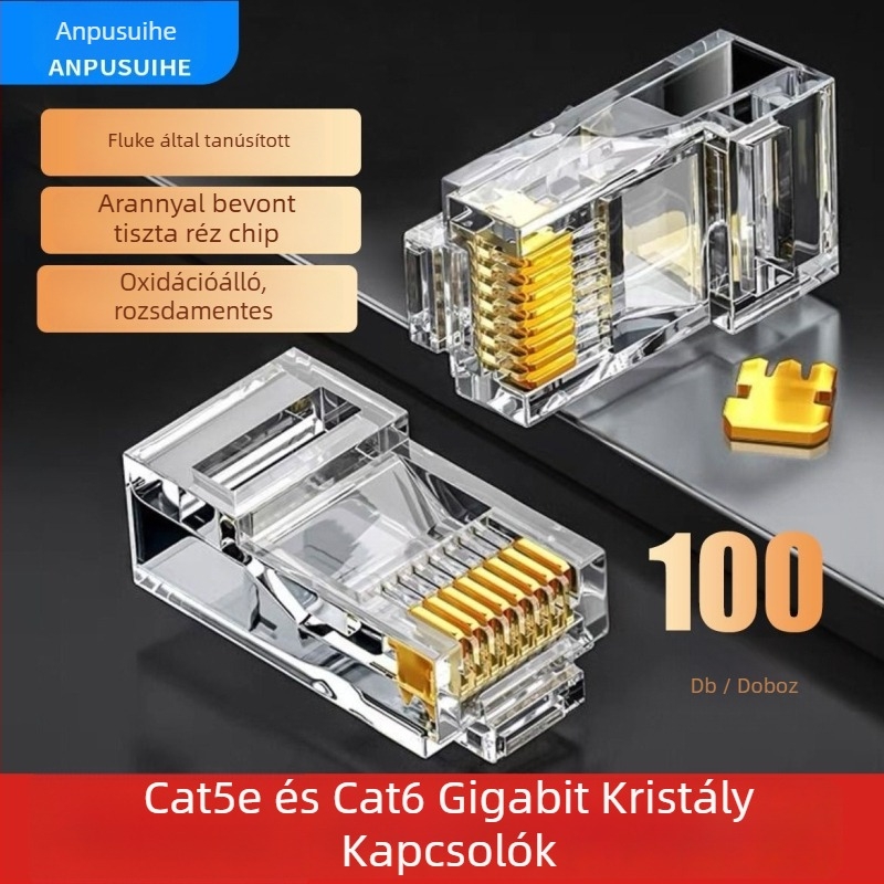 RJ45 csatlakozó 8-vezetékes, tiszta réz, aranyozott érintkezők, Cat5e/Cat6 kompatibilis, nagy sebességű átvitellel