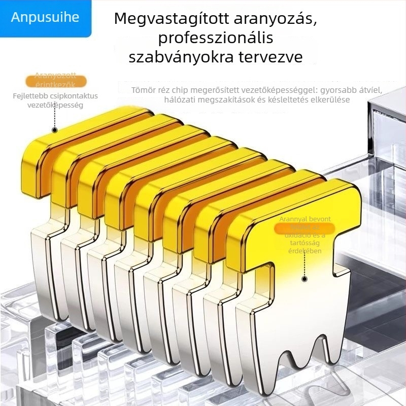 RJ45 csatlakozó 8-vezetékes, tiszta réz, aranyozott érintkezők, Cat5e/Cat6 kompatibilis, nagy sebességű átvitellel