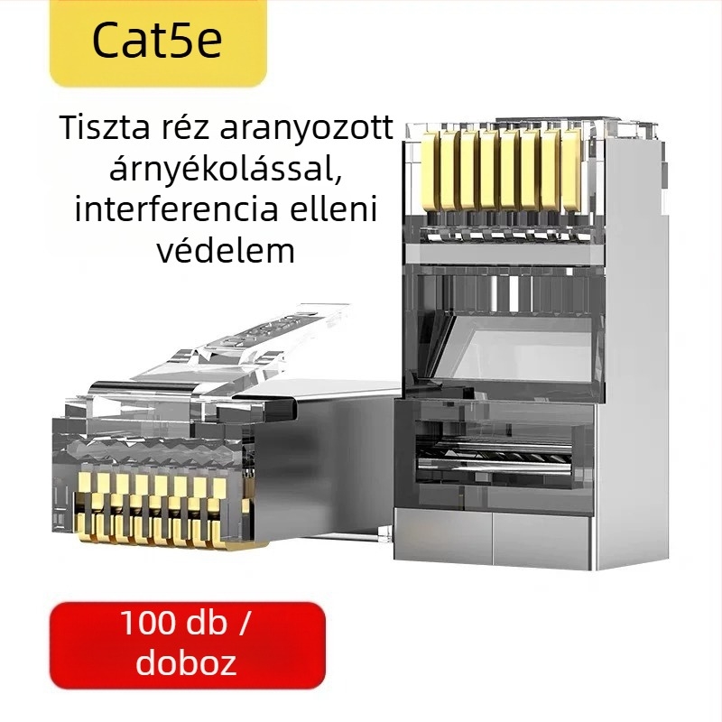 RJ45 csatlakozó 8-vezetékes, tiszta réz, aranyozott érintkezők, Cat5e/Cat6 kompatibilis, nagy sebességű átvitellel