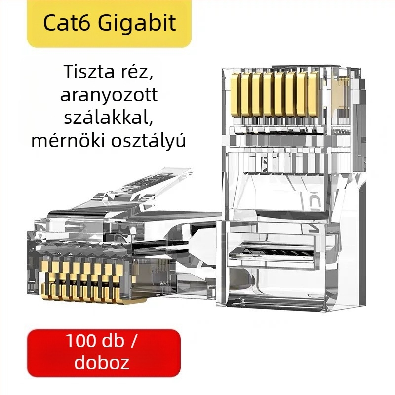 RJ45 csatlakozó 8-vezetékes, tiszta réz, aranyozott érintkezők, Cat5e/Cat6 kompatibilis, nagy sebességű átvitellel