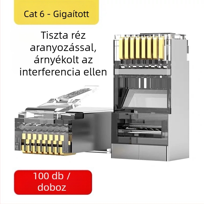 RJ45 csatlakozó 8-vezetékes, tiszta réz, aranyozott érintkezők, Cat5e/Cat6 kompatibilis, nagy sebességű átvitellel