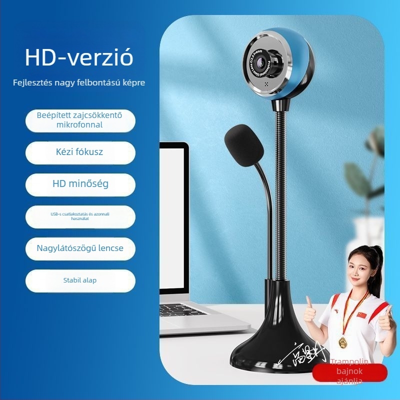 HD webkamera asztali számítógéphez, 720p, USB 2.0 drivertől mentes, beépített mikrofon, széles látószögű objektív