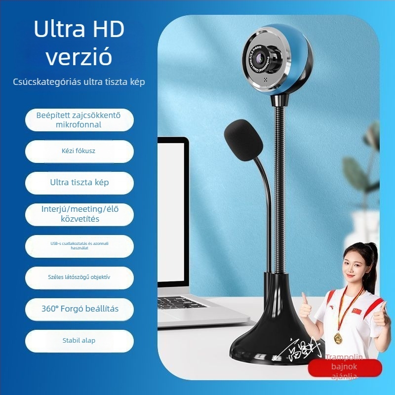 HD webkamera asztali számítógéphez, 720p, USB 2.0 drivertől mentes, beépített mikrofon, széles látószögű objektív