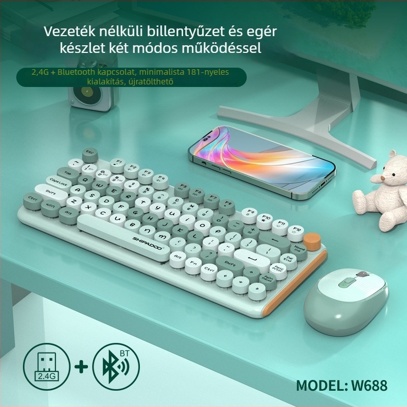 W688 Vezeték nélküli billentyűzet és egér készlet - 82 gomb, 2.4G/Bluetooth kettős mód, vezeték nélküli töltés, plug-and-play, ergonómikus kialakítás