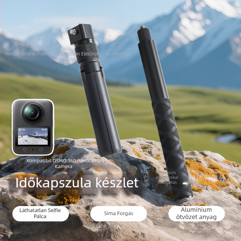 Alumínium ötvözetből készült forgó fogantyúval ellátott állvány kinyúló rúddal Insta360 és DJI panoráma kamerákhoz, modell Zd-0258, 4 részes, teherbírás max. 2 kg