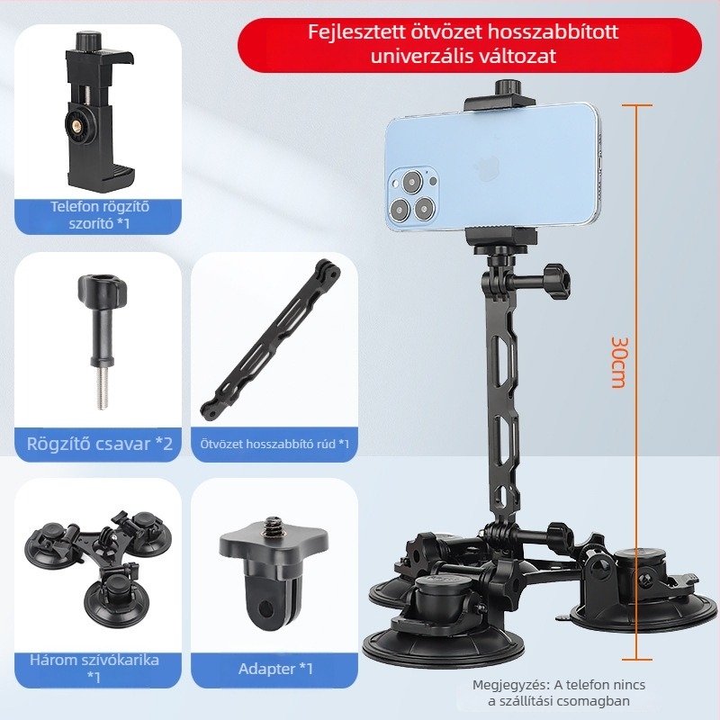 Autóba szerelhető tabletatartó vákuumos rögzítővel; kompatibilis a DJI Zhiyun és más stabilizátorokkal; műanyagból készült; testreszabható