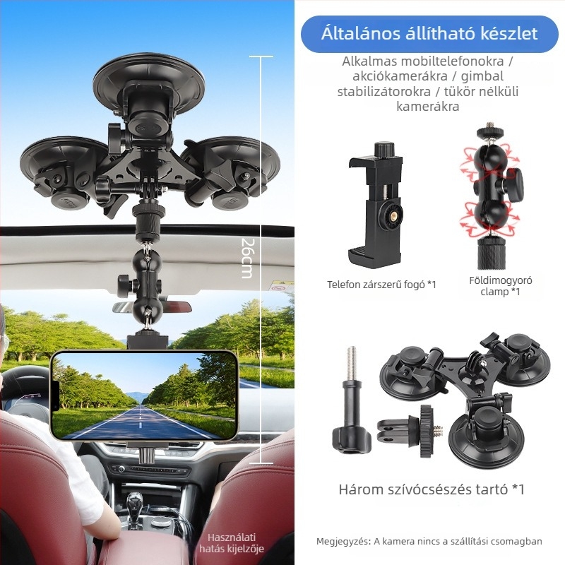 Autóba szerelhető tabletatartó vákuumos rögzítővel; kompatibilis a DJI Zhiyun és más stabilizátorokkal; műanyagból készült; testreszabható