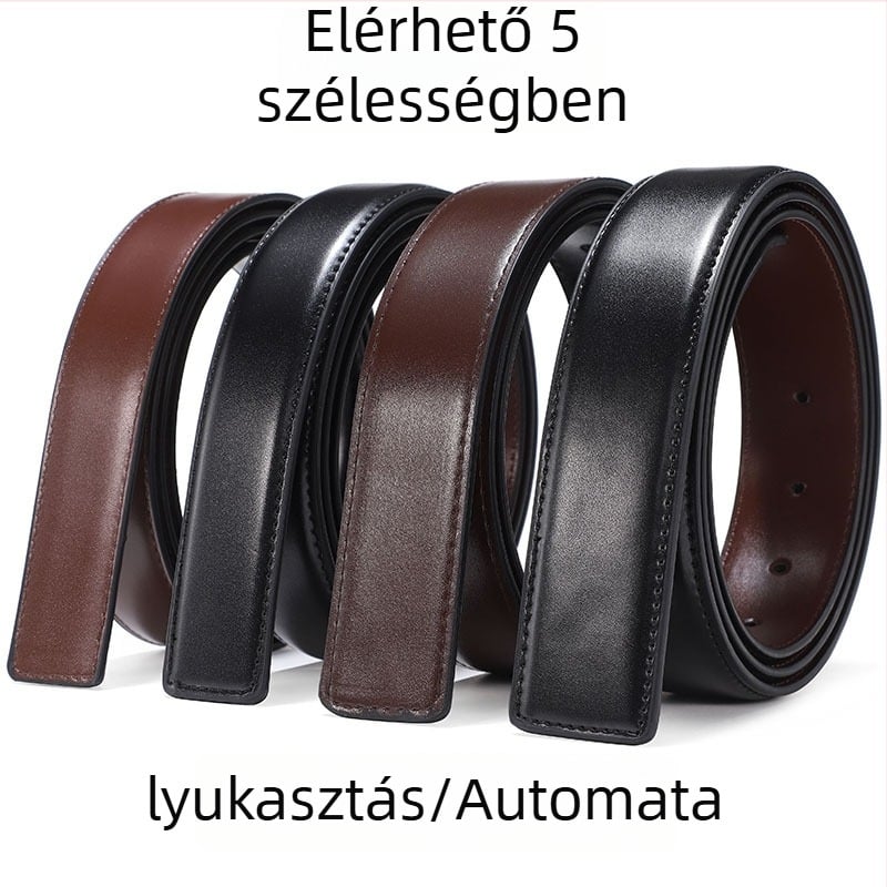 Csatt nélküli övcsík; Anyag: tehénbőr; Csatt anyaga: valódi bőr; Zárás: tűcsat; Szélesség: standard (2–4 cm); Stílus: eredeti dizájn