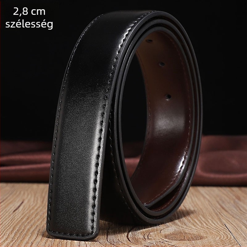 Csatt nélküli övcsík; Anyag: tehénbőr; Csatt anyaga: valódi bőr; Zárás: tűcsat; Szélesség: standard (2–4 cm); Stílus: eredeti dizájn