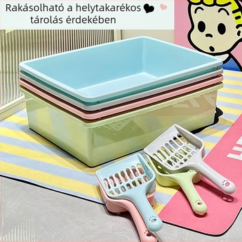 Félzárt macskaalom-tál lopóval, egyszerű macskaalom-tál, macska ketrec és kis nyitott macskaalom-tál