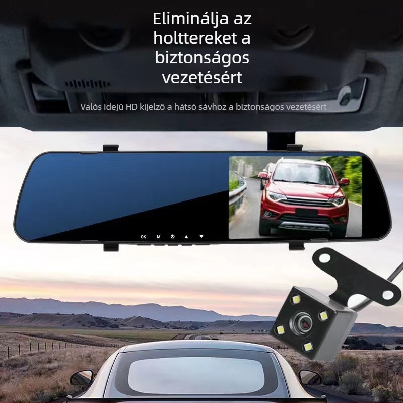 Autós dash cam elő- és hátsó duál kamerával, 1080p, 120° látószög, visszafelé kép funkció, ciklikus felvétel