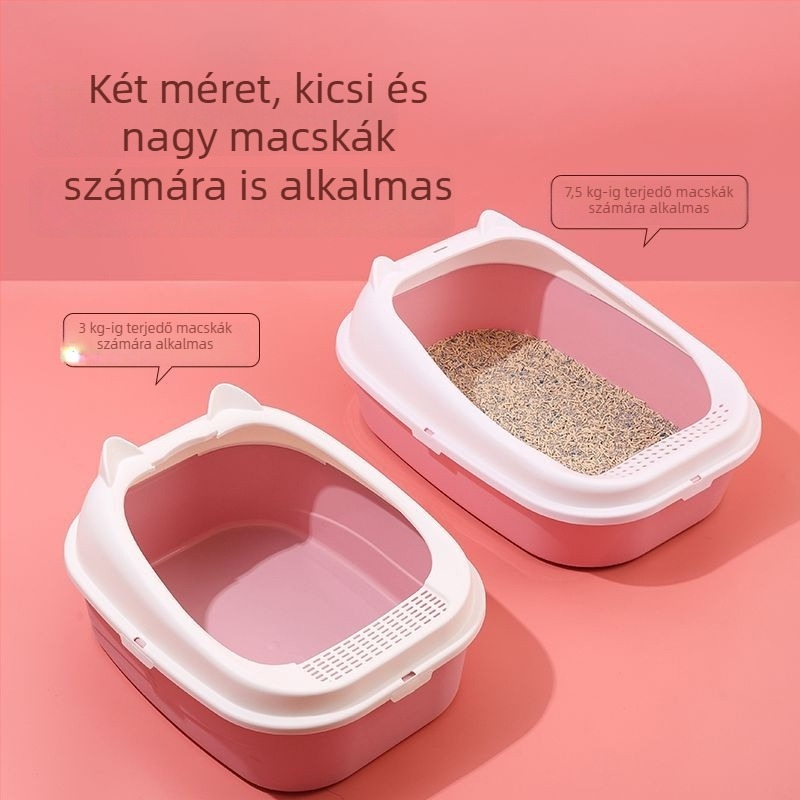 Nagy méretű macskaalomtál, félzárt és nyitott kialakítás, fröccsenés elleni védelem, vastagított kivitel, teljes készlet