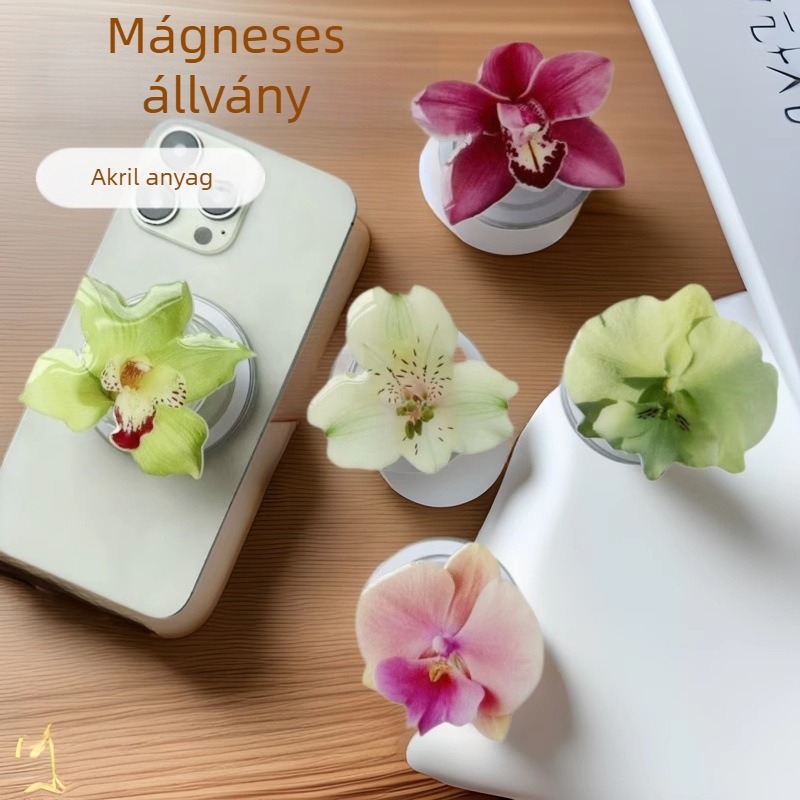 Akril MagSafe asztali telefon-tartó, összecsukható mágneses szívófelülettel, design pillangóorchidea fej