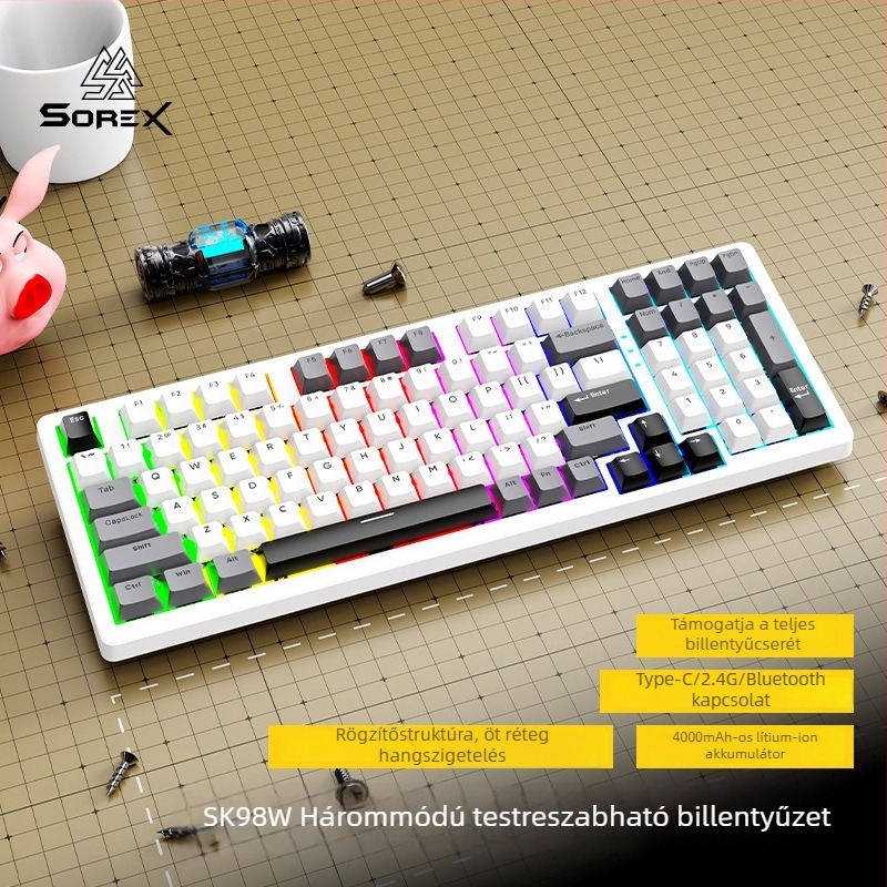 SOREX SK98W mechanikus billentyűzet, 87‑gombos kompakt kialakítás, zöld kapcsolók, RGB háttérvilágítás, 3‑módú csatlakozás (Bluetooth, USB-C kábel, 2,4G vezeték nélküli), testreszabás támogatott