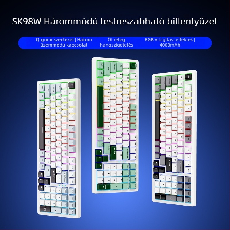 SOREX SK98W mechanikus billentyűzet, 87‑gombos kompakt kialakítás, zöld kapcsolók, RGB háttérvilágítás, 3‑módú csatlakozás (Bluetooth, USB-C kábel, 2,4G vezeték nélküli), testreszabás támogatott