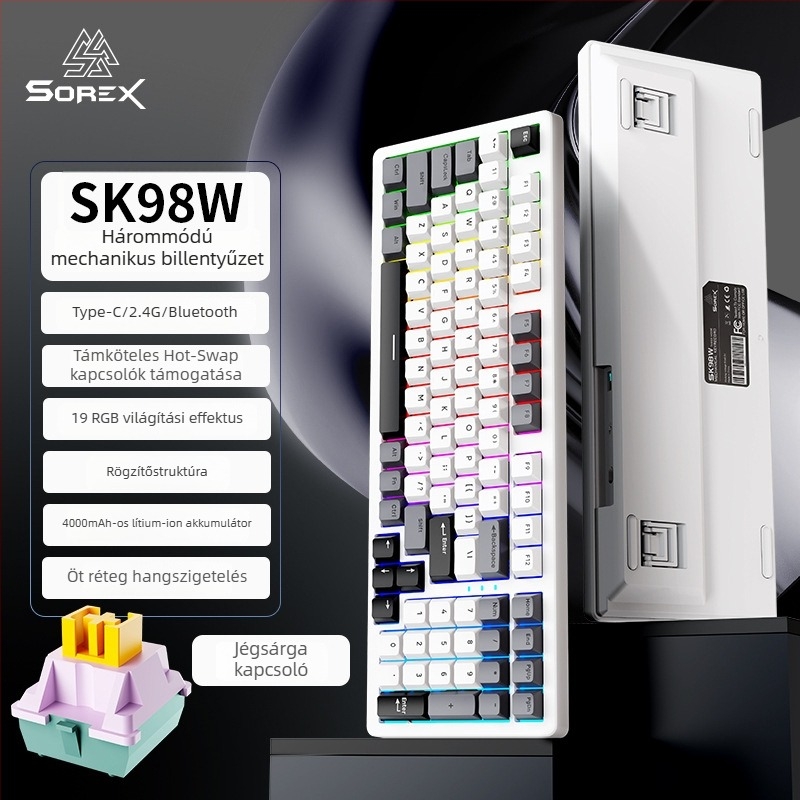 SOREX SK98W mechanikus billentyűzet, 87‑gombos kompakt kialakítás, zöld kapcsolók, RGB háttérvilágítás, 3‑módú csatlakozás (Bluetooth, USB-C kábel, 2,4G vezeték nélküli), testreszabás támogatott