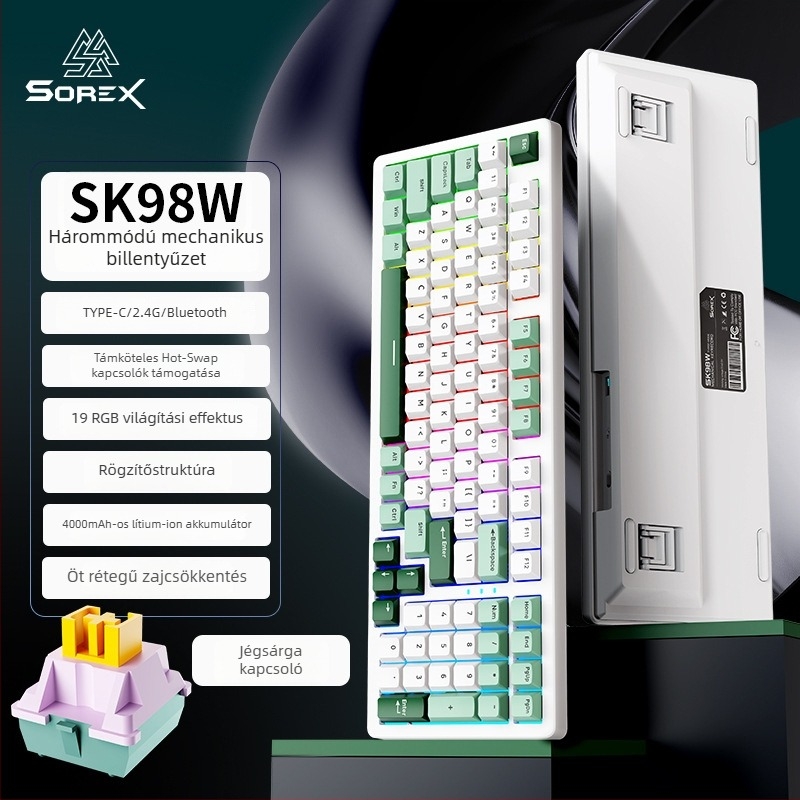 SOREX SK98W mechanikus billentyűzet, 87‑gombos kompakt kialakítás, zöld kapcsolók, RGB háttérvilágítás, 3‑módú csatlakozás (Bluetooth, USB-C kábel, 2,4G vezeték nélküli), testreszabás támogatott
