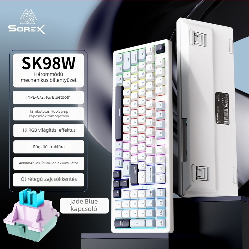 SOREX SK98W mechanikus billentyűzet, 87‑gombos kompakt kialakítás, zöld kapcsolók, RGB háttérvilágítás, 3‑módú csatlakozás (Bluetooth, USB-C kábel, 2,4G vezeték nélküli), testreszabás támogatott