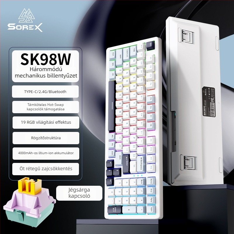 SOREX SK98W mechanikus billentyűzet, 87‑gombos kompakt kialakítás, zöld kapcsolók, RGB háttérvilágítás, 3‑módú csatlakozás (Bluetooth, USB-C kábel, 2,4G vezeték nélküli), testreszabás támogatott