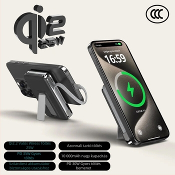 Power Bank szilárdtest-akkumulátorral, beépített állvánnyal és mágneses vezeték nélküli töltéssel 25W, Qi2.2 protokoll, max. kimenet 35W