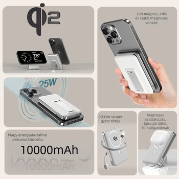 Power Bank szilárdtest-akkumulátorral, beépített állvánnyal és mágneses vezeték nélküli töltéssel 25W, Qi2.2 protokoll, max. kimenet 35W