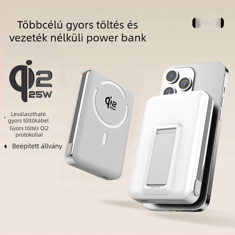 Power Bank szilárdtest-akkumulátorral, beépített állvánnyal és mágneses vezeték nélküli töltéssel 25W, Qi2.2 protokoll, max. kimenet 35W