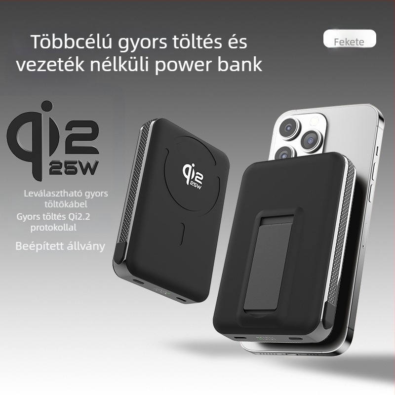 Power Bank szilárdtest-akkumulátorral, beépített állvánnyal és mágneses vezeték nélküli töltéssel 25W, Qi2.2 protokoll, max. kimenet 35W