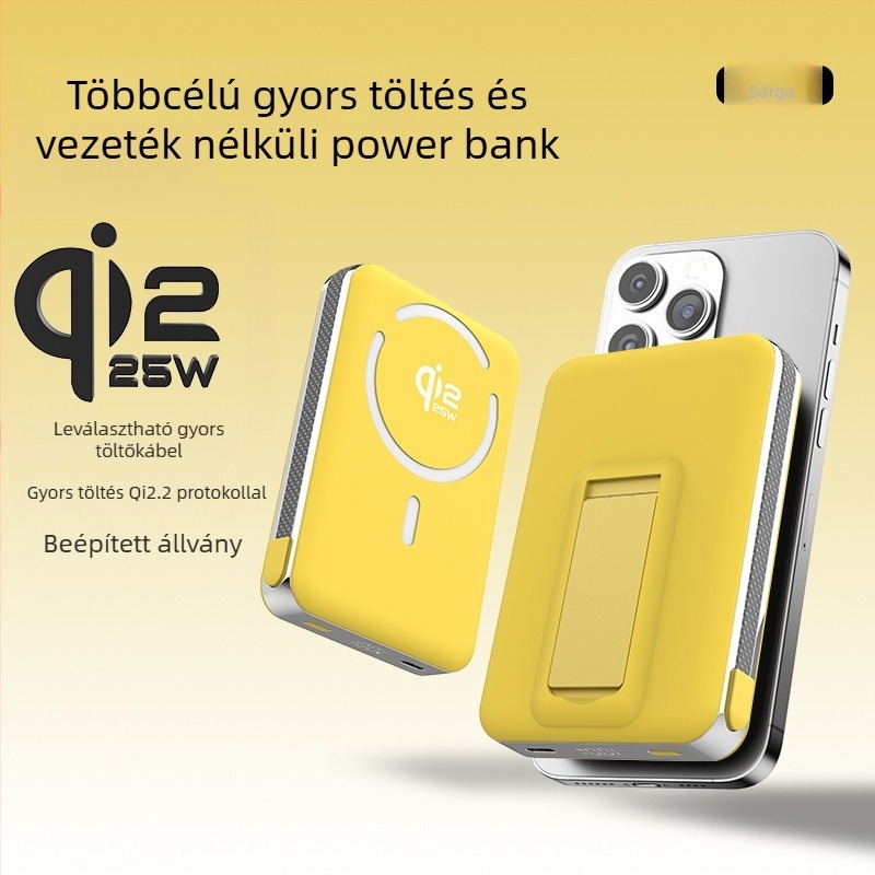 Power Bank szilárdtest-akkumulátorral, beépített állvánnyal és mágneses vezeték nélküli töltéssel 25W, Qi2.2 protokoll, max. kimenet 35W