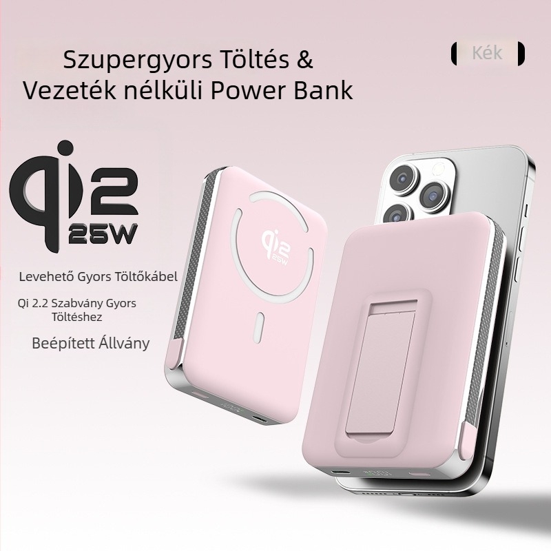 Power Bank szilárdtest-akkumulátorral, beépített állvánnyal és mágneses vezeték nélküli töltéssel 25W, Qi2.2 protokoll, max. kimenet 35W
