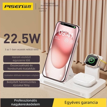 Pisen 3-in-1 vezeték nélküli töltő iPhone 15 Pro-hoz, Bluetooth fülhallgató és okosóra számára – PD, Mágneses töltés, 22.5W (5V/3A)