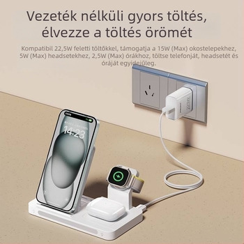 Pisen 3-in-1 vezeték nélküli töltő iPhone 15 Pro-hoz, Bluetooth fülhallgató és okosóra számára – PD, Mágneses töltés, 22.5W (5V/3A)