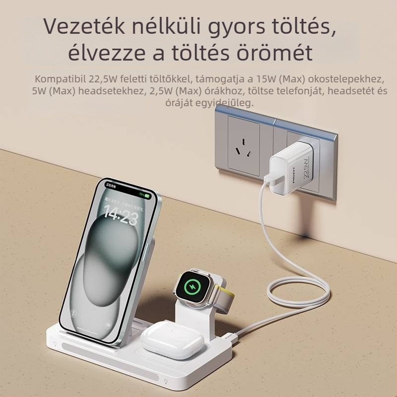Pisen 3-in-1 vezeték nélküli töltő iPhone 15 Pro-hoz, Bluetooth fülhallgató és okosóra számára – PD, Mágneses töltés, 22.5W (5V/3A)