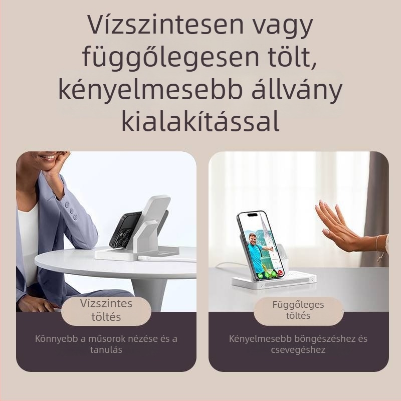 Pisen 3-in-1 vezeték nélküli töltő iPhone 15 Pro-hoz, Bluetooth fülhallgató és okosóra számára – PD, Mágneses töltés, 22.5W (5V/3A)